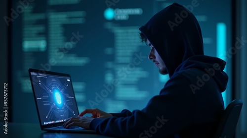 Side view of hacker in hoodie using laptop with glowing blue AI hologram on blurry background. Artificial intelligence, technology and innovation concept