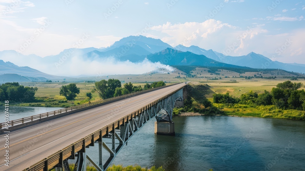 Bridge Over River Leading to Mountain Range Bridge Over River Leading to Mountain Range