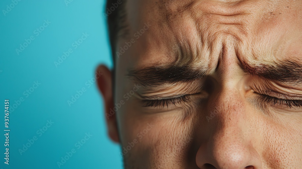 Closeup of a persons tense facial muscles, indicating sharp headache pain and hurt, neurological issue Closeup of a persons tense facial muscles, indicating sharp headache pain and hurt, neurological issue