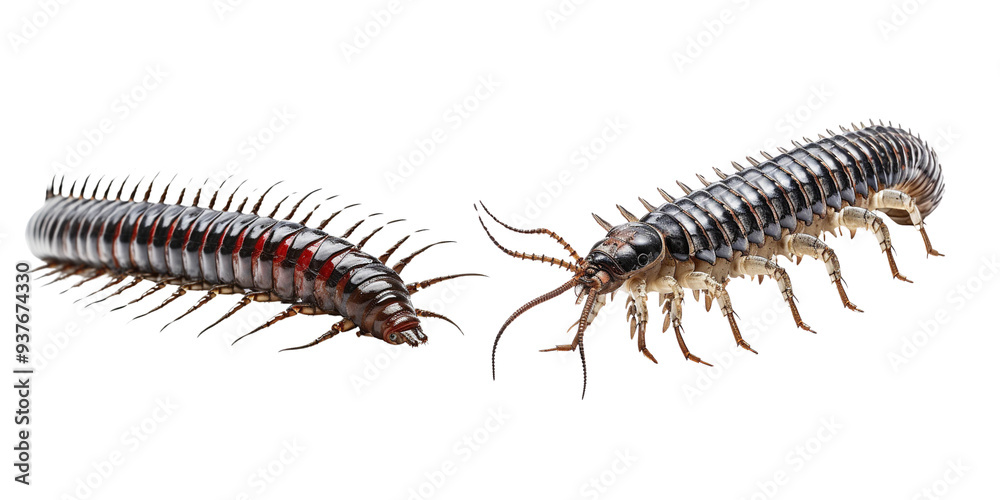 Close-up of two millipedes on a white background, PNG Close-up of two millipedes on a white background, PNG