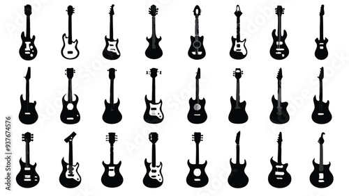 Set of 24 black and white icons depicting various guitars and electric guitars.