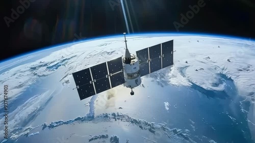 Satellite orbiting Earth with solar panels extended, capturing the essence of space exploration and communication technology.