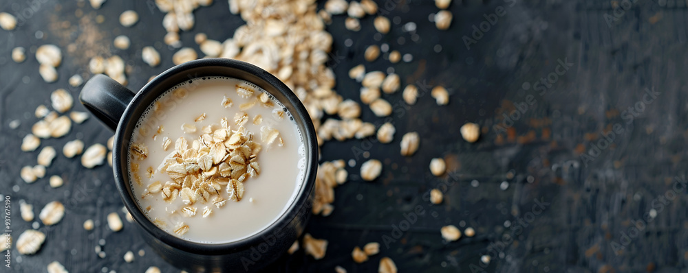 Warm Oatmeal with Rolled Oats on Dark Rustic Surface Warm Oatmeal with Rolled Oats on Dark Rustic Surface