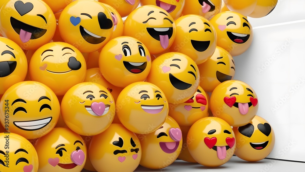Cluster of Playful Yellow Emojis with Various Expressions on White Background Cluster of Playful Yellow Emojis with Various Expressions on White Background