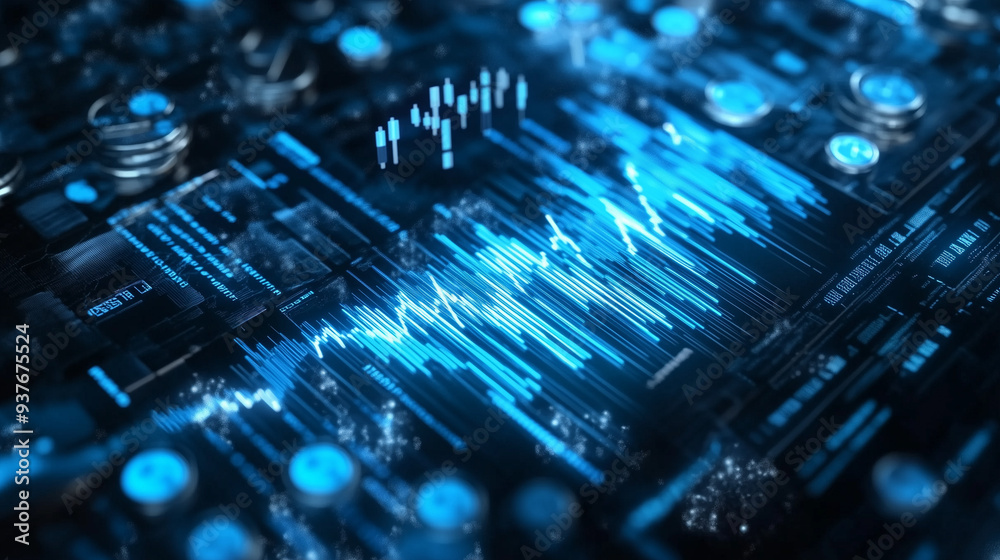 Futuristic financial illustration featuring a digital blue bar graph with coins, representing stock market trends and Bitcoin cryptocurrency in an abstract web network system. The dark background enha Futuristic financial illustration featuring a digital blue bar graph with coins, representing stock market trends and Bitcoin cryptocurrency in an abstract web network system. The dark background enha