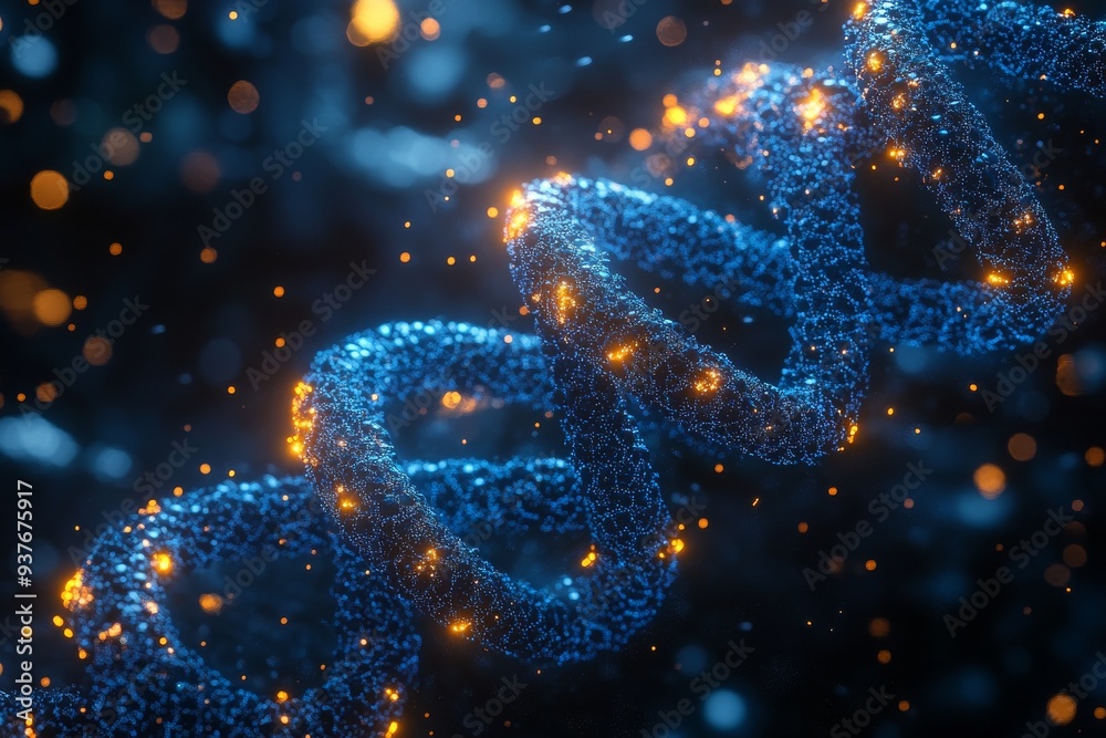 A projection of a strand of DNA spiraling upward, with luminous particles and complex structures. Generative AI A projection of a strand of DNA spiraling upward, with luminous particles and complex structures. Generative AI