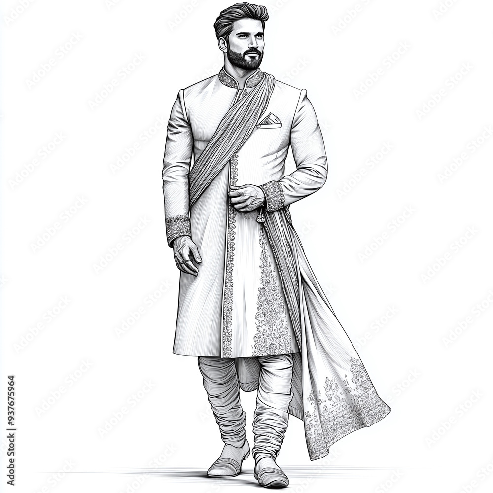 Fine Line Drawing of Indian Man in Sherwani | Ideal for Publishing, Apparel Design, and Visual Storytelling Fine Line Drawing of Indian Man in Sherwani | Ideal for Publishing, Apparel Design, and Visual Storytelling