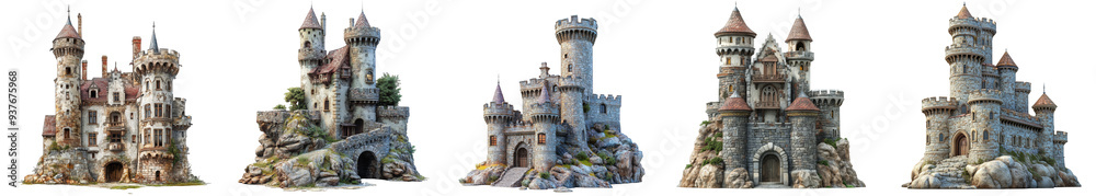 Stone castles medieval architecture and historical fortresses fantasy style isolated transparent background Stone castles medieval architecture and historical fortresses fantasy style isolated transparent background