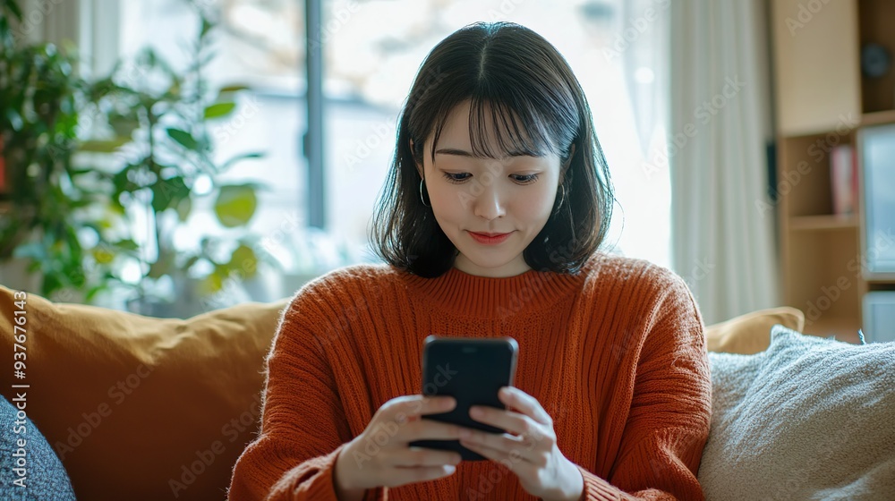 部屋でスマホを持つ女性01