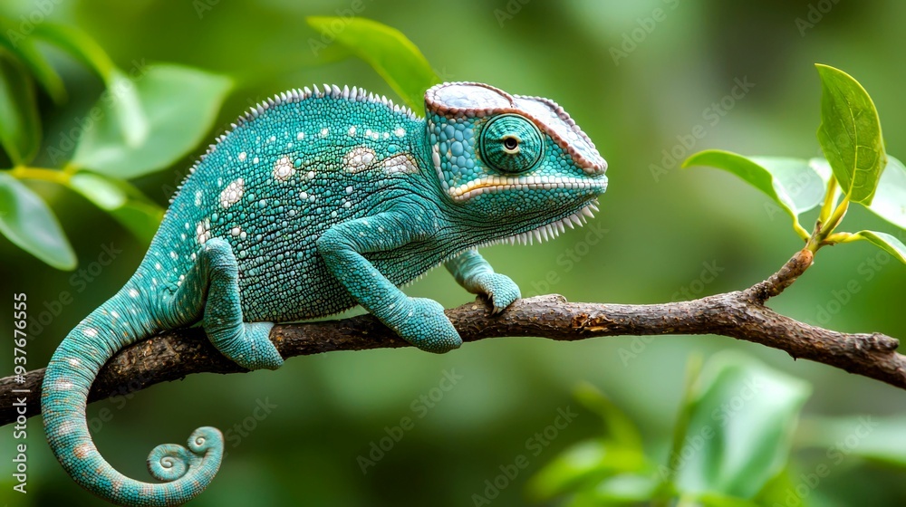 Fototapeta premium A Vibrant Blue Chameleon Perched on a Branch in a Lush Green Forest
