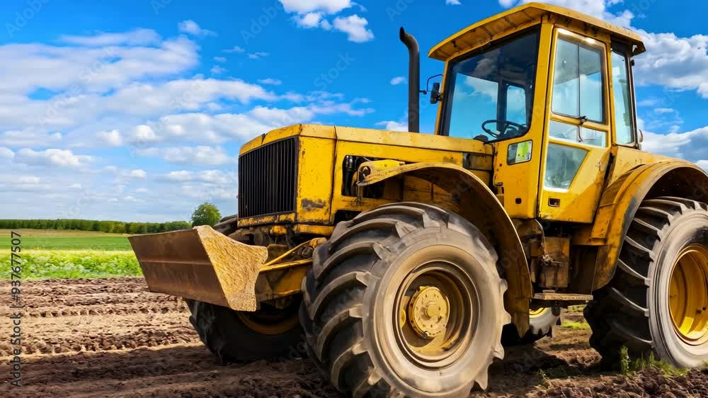 A yellow tractor on a farm, ready for agricultural work, set against a beautiful blue sky and green fields. A yellow tractor on a farm, ready for agricultural work, set against a beautiful blue sky and green fields.