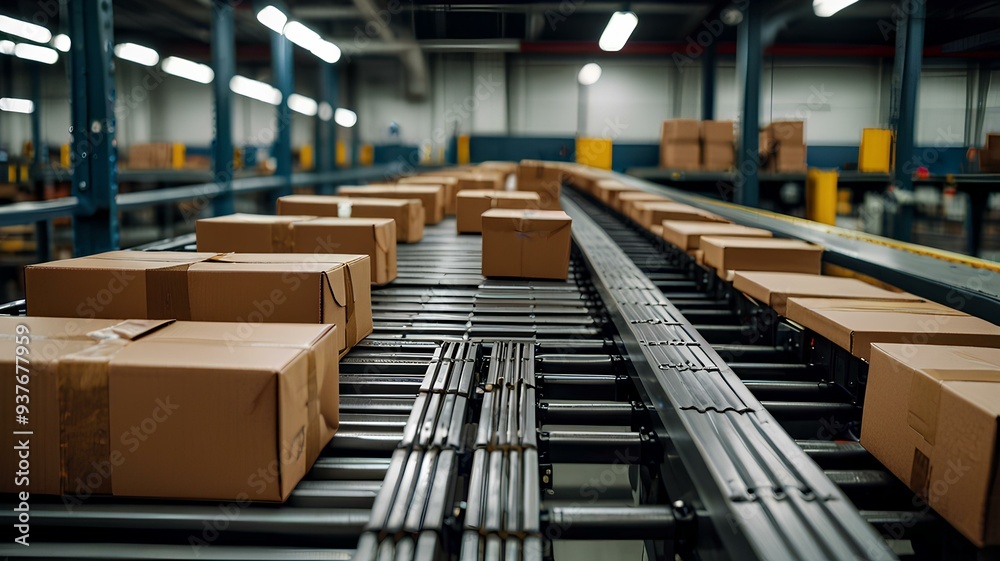 Obraz premium cardboard box packages moving along a conveyor belt.