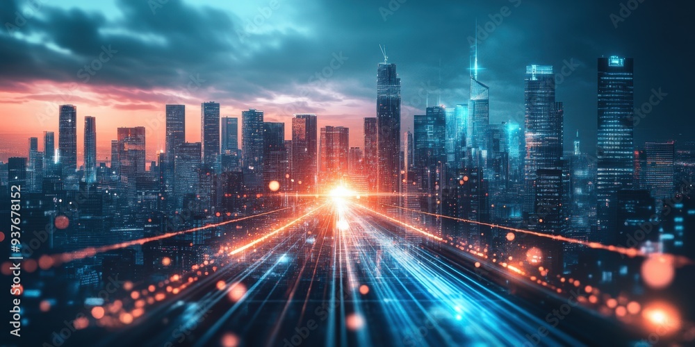 A vibrant city skyline at dusk, featuring futuristic buildings and radiant lights, showcasing urban energy and technological progress. A vibrant city skyline at dusk, featuring futuristic buildings and radiant lights, showcasing urban energy and technological progress.