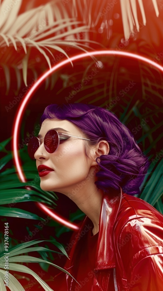 Vibrant and Futuristic Fashion Portrait of a Stylish Woman in Tropical Setting Vibrant and Futuristic Fashion Portrait of a Stylish Woman in Tropical Setting