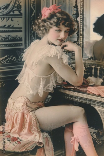 antique french postcard of a young lady wearing an art deco lace chamise sitting at her vanity and putting on a pair of silk stockings photo