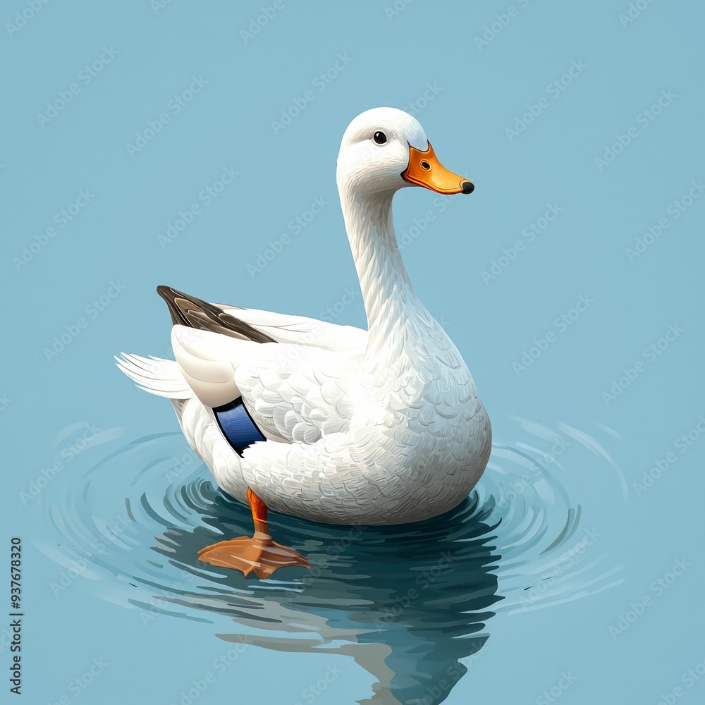 Fototapeta premium White Duck Swimming in Blue Water with Ripples