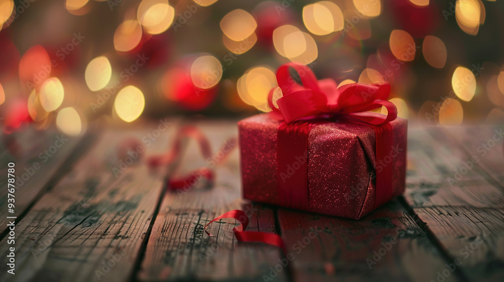 Red Christmas gifts on table, bokeh background. Red Christmas gifts on table, bokeh background.
