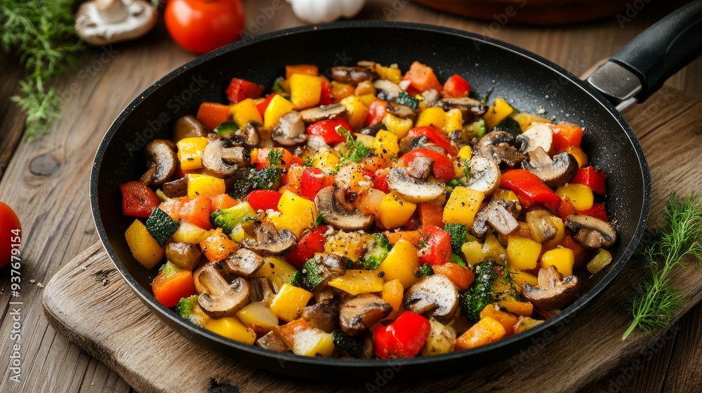 fried veggies in a pan with mushrooms and cheese underneath on a wooden backdrop fried veggies in a pan with mushrooms and cheese underneath on a wooden backdrop