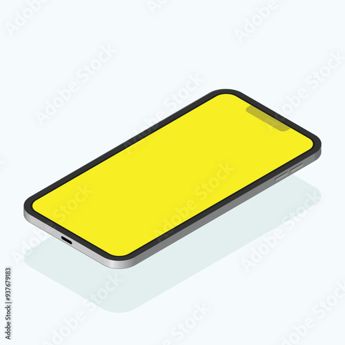 A yellow screen realistic 3d smartphone isometric mockup isolated on white background