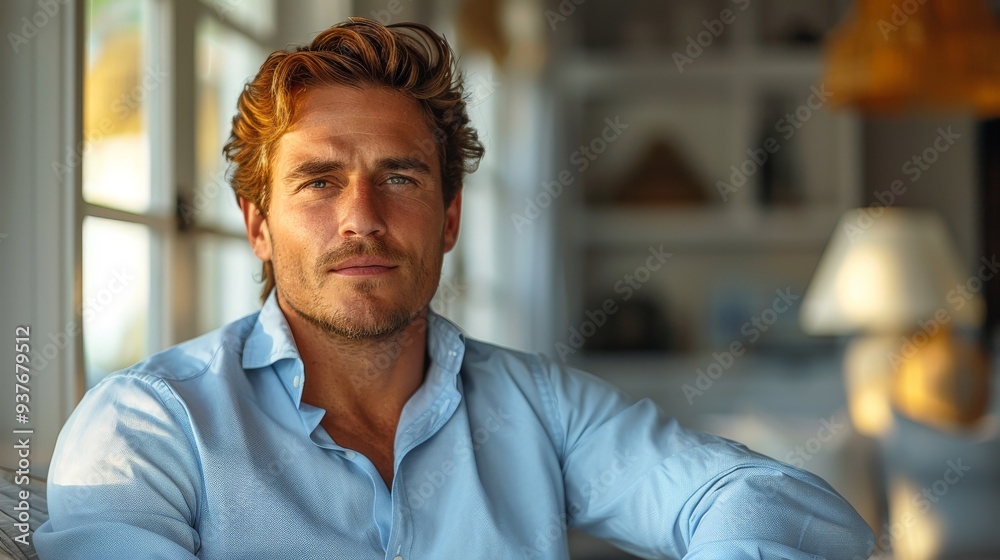 Obraz premium A thoughtful man in a light blue shirt enjoys a serene morning in a cozy, sunlit room filled with warm decor. Generative AI