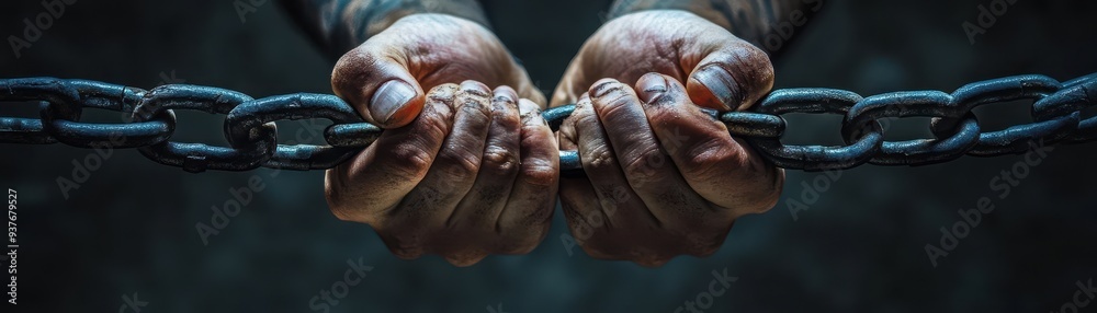 Fototapeta premium Hands Bound by Heavy Chains Depicting Captivity and Oppression