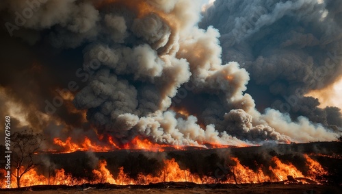 Thick smoke. Wildfire with flames raging below, dense clouds of smoke rising, fire spreading across landscape. Realistic style. photo