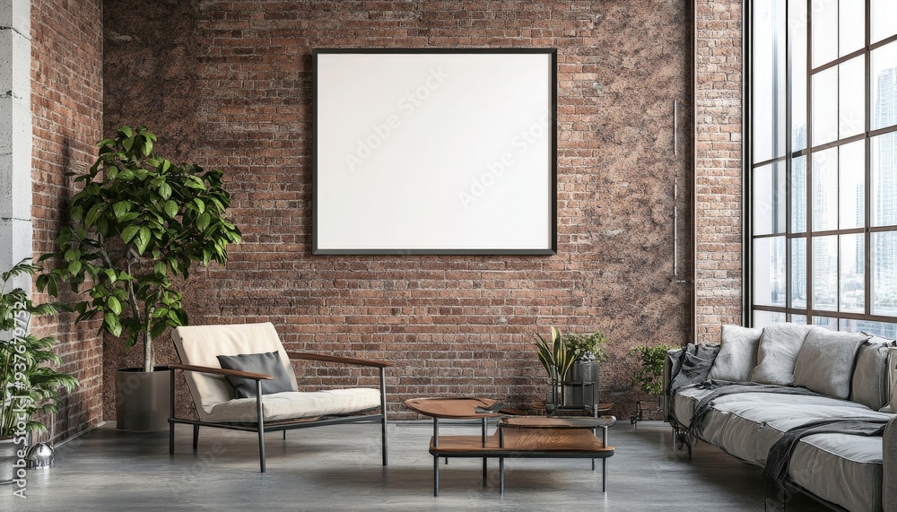 Modern Loft Living Room Interior Design with Brick Wall, Large Window, and Empty Frame. Modern Loft Living Room Interior Design with Brick Wall, Large Window, and Empty Frame.