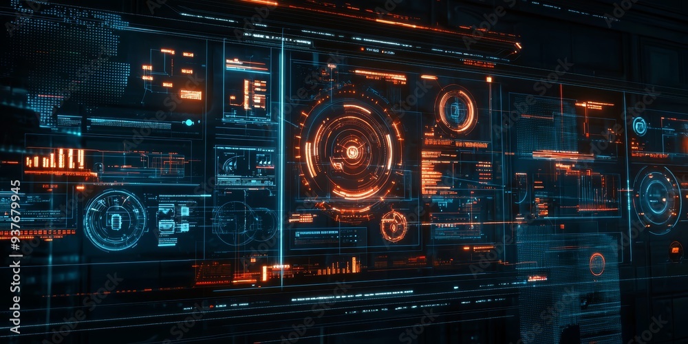 Fototapeta premium Futuristic Digital Interface with Holographic Displays and Data Visualizations in a High-Tech Environment