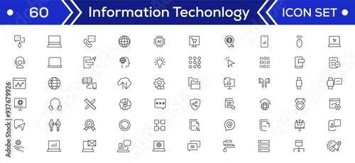 Information Technology Minimal line icons Bundle. Programming, Network, Website, Process, Internet, Data, Technology icon for apps and website