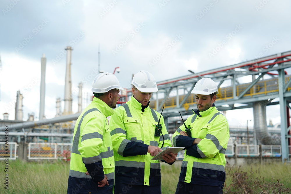Chemical professional experts join hands with petrochemical plant engineers to work together as a team checking, maintenance, inspecting and examining to control the quality safety of oil, gas, refine Chemical professional experts join hands with petrochemical plant engineers to work together as a team checking, maintenance, inspecting and examining to control the quality safety of oil, gas, refine