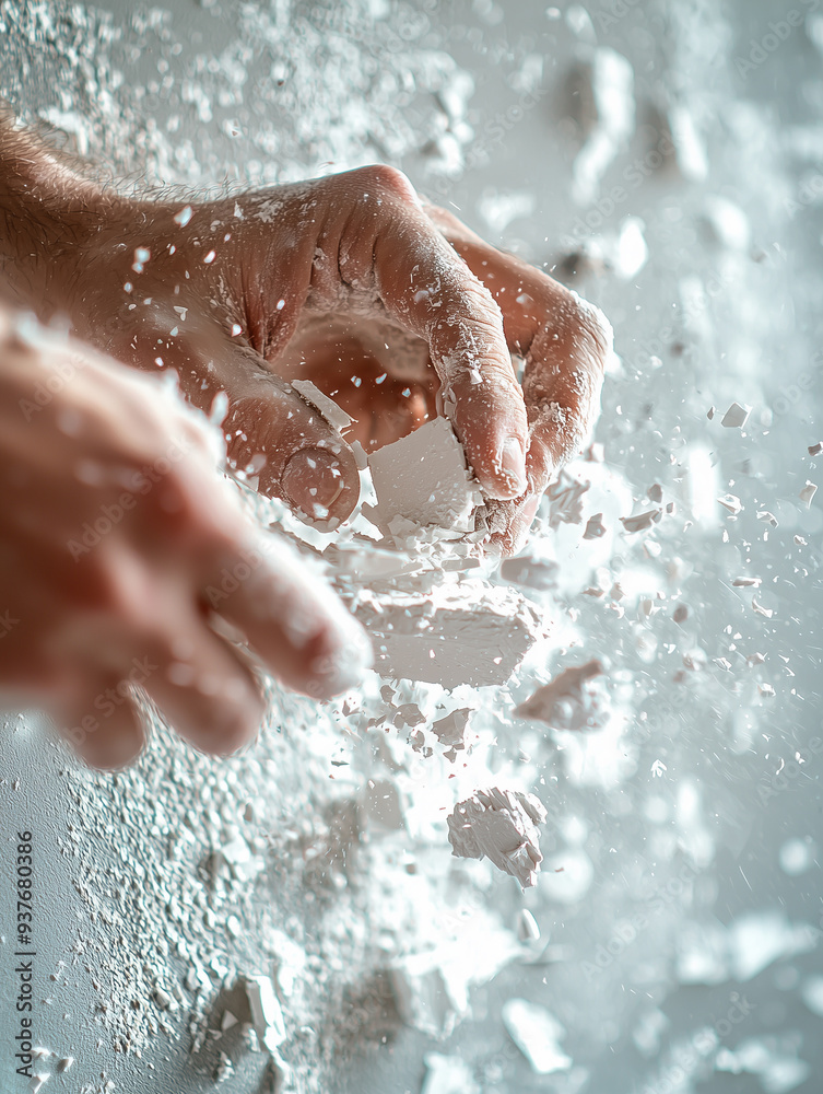 Fototapeta premium Two fists colliding with each other, causing a shattering effect on a chalk-like substance