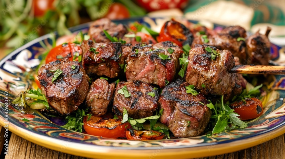 Lamb kebab with ribs served on a colorful platter with greenery Lamb kebab with ribs served on a colorful platter with greenery
