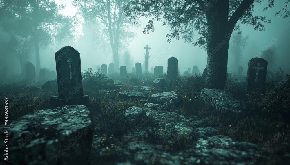 Creepy Graveyard with Foggy Atmosphere and Dark Trees at Night Creepy Graveyard with Foggy Atmosphere and Dark Trees at Night