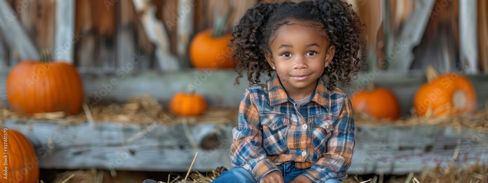 black, african american child surround by pumpkin harvest, fall and crop aesthetic. banner