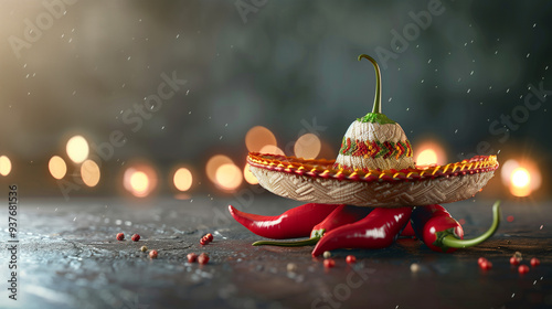 A red pepper pod with a Mexican sombrero hat on a dark background with light bokeh and raindrops photo