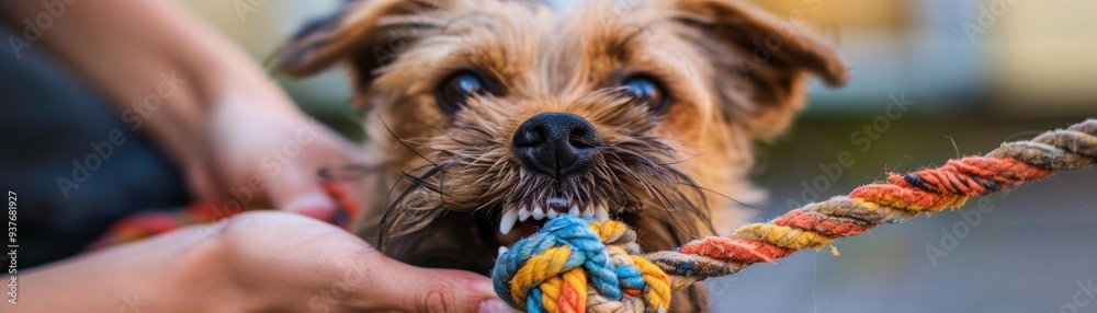Close-up of a Yorkshire Terrier playing with a rope toy, its mouth open showing its teeth and a playful expression.