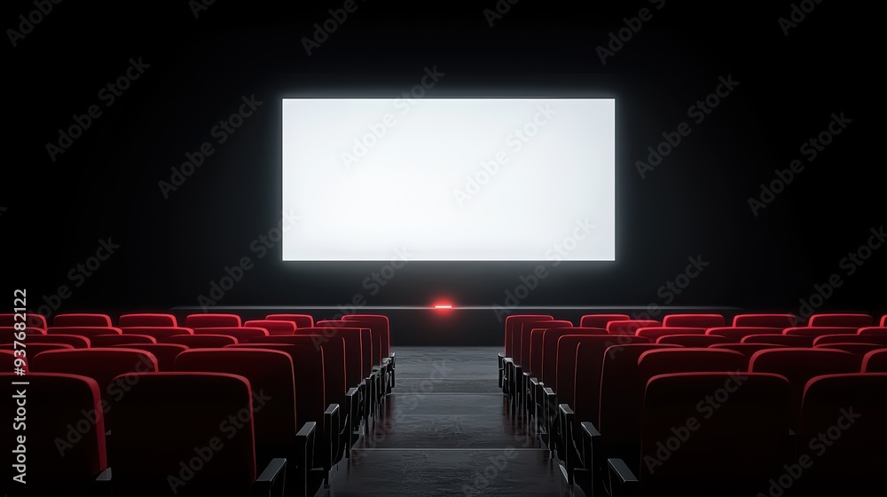 A dimly lit cinema with empty red seats facing blank screen, evoking sense of anticipation and solitude. A dimly lit cinema with empty red seats facing blank screen, evoking sense of anticipation and solitude.