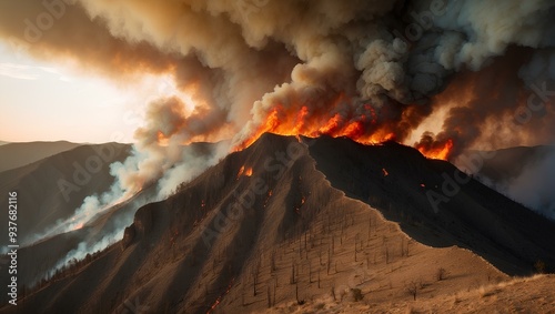 Flaming ridge. Wildfire flames cresting mountain ridge, thick smoke rising, fire spreading down into valleys. Realistic style. photo