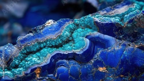 Polished azurite surface captured in a macro shot, highlighting intricate patterns. photo