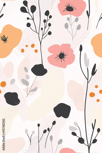Minimalist floral seamless pattern with black, pink, and orange abstract flowers and branches on a light background, ideal for modern wallpapers and fabrics.