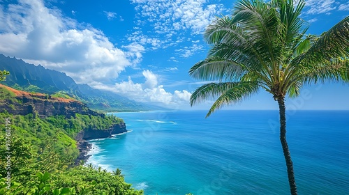 arafed palm tree on a cliff overlooking the ocean and mountains