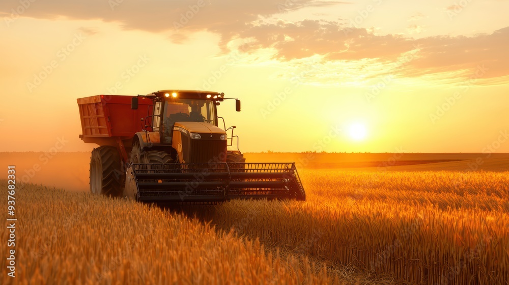 Fototapeta premium Harvesting wheat at sunset, tractor works diligently in golden fields, symbolizing hard work and beauty of agriculture.