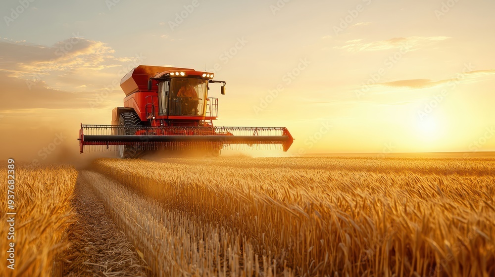 Fototapeta premium Harvesting wheat at sunset, red combine harvester moves through golden fields, creating sense of productivity and tranquility. 