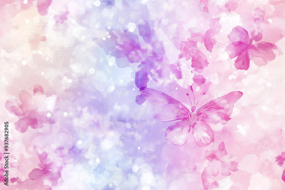 Soft pastel butterfly and floral seamless pattern in light pink, purple, and blue hues, evoking a dreamy and delicate spring atmosphere. Soft pastel butterfly and floral seamless pattern in light pink, purple, and blue hues, evoking a dreamy and delicate spring atmosphere.