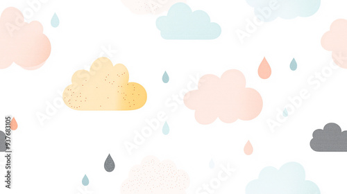 A seamless pattern featuring pastel-colored clouds and raindrops on a white background. The soft and minimal design evokes a gentle, calming, and serene atmosphere.