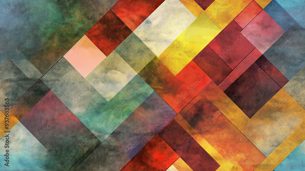 An abstract geometric pattern featuring vibrant colors with overlapping squares and rectangles, creating a mosaic-like design with a warm, textured feel. An abstract geometric pattern featuring vibrant colors with overlapping squares and rectangles, creating a mosaic-like design with a warm, textured feel.