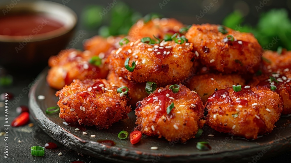 Fototapeta premium Crispy golden-fried snacks drizzled with tangy sauce and garnished with green onions on a rustic wooden platter. Generative AI