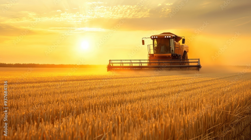 Fototapeta premium Harvesting wheat at sunset, combine harvester moves through golden fields, creating serene and productive atmosphere.