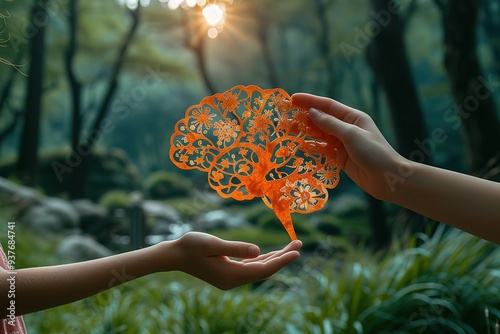Adult and child hands holding encephalography brain paper cutout, Epilepsy and alzheimer awareness, seizure disorder, mental health concept