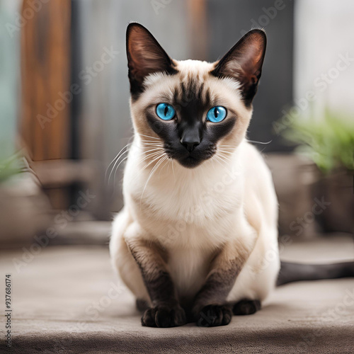Isolated purebred siamese kitten with striking blue eyes, sitting on a windowsill